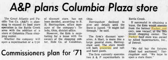 Packers Grocery - Dec 1970 Battle Creek Paper (newer photo)